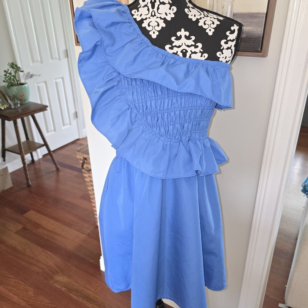 Lizard Thicket Phoebe Dress Blue Smocked One Shoulder Dramatic Ruffle Small 2-4